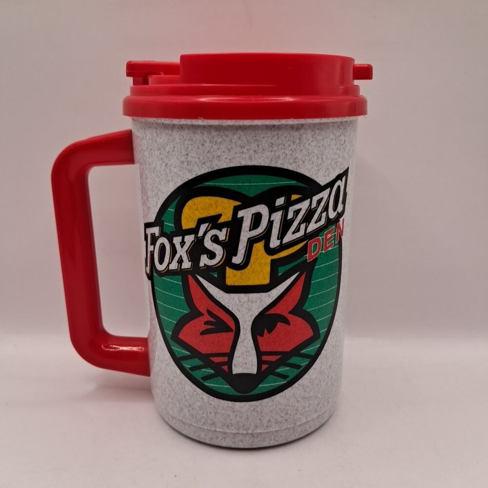 16oz Foxs Pizza Den Red Plastic Travel Mug Thermo COFFEE Cup w/ Lid VTG WHIRLEY